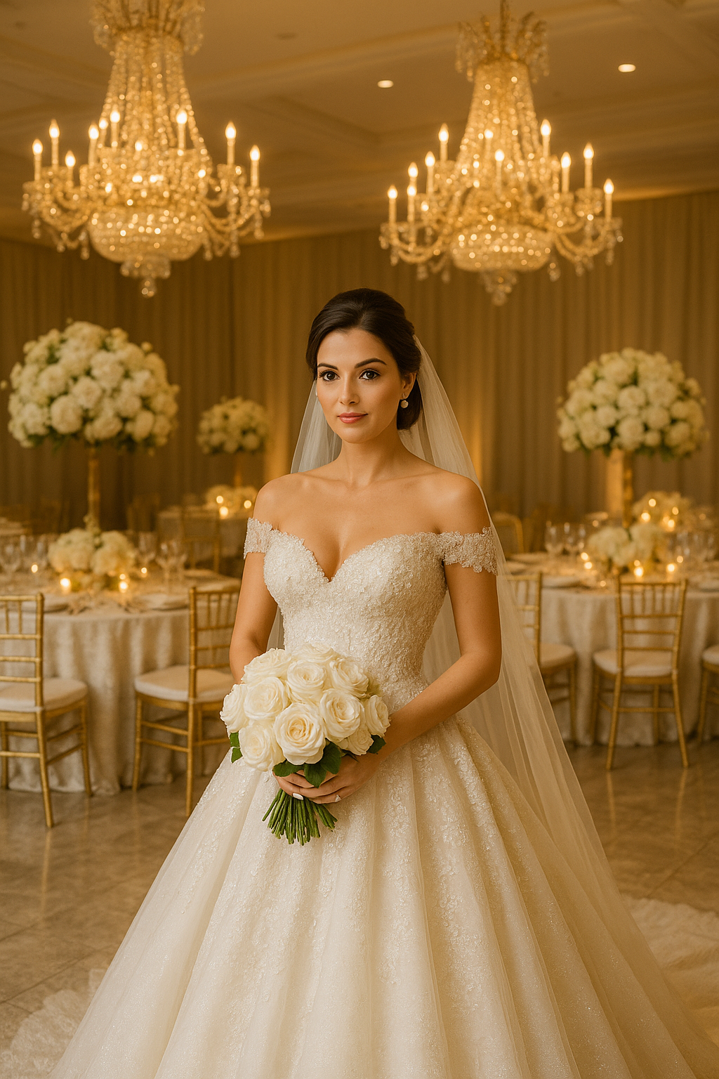 bride-wearing-white-dress-and-holding-bouquet-of-white-roses