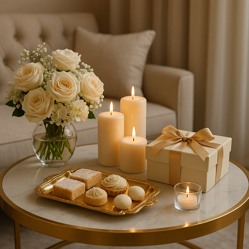 ChatGPT Image 15 nov. 2025, 13_12_49 candles, flowers , sweets and gift