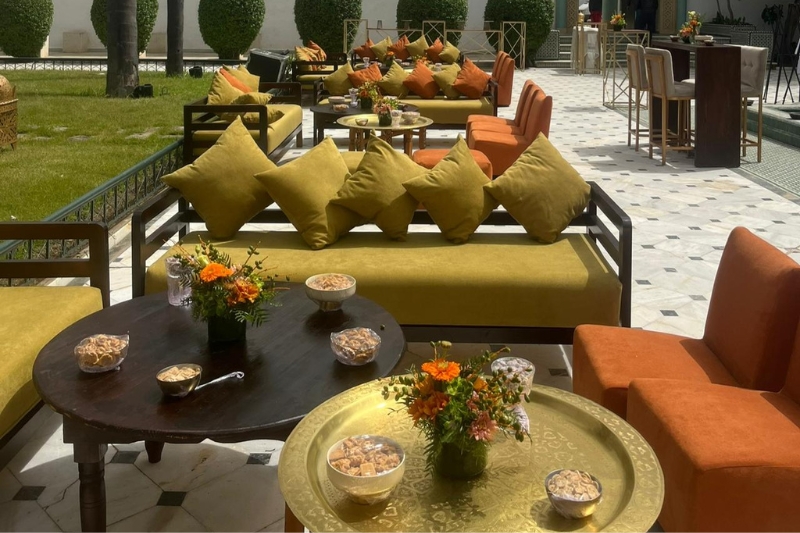 green and orange sofas outdoor