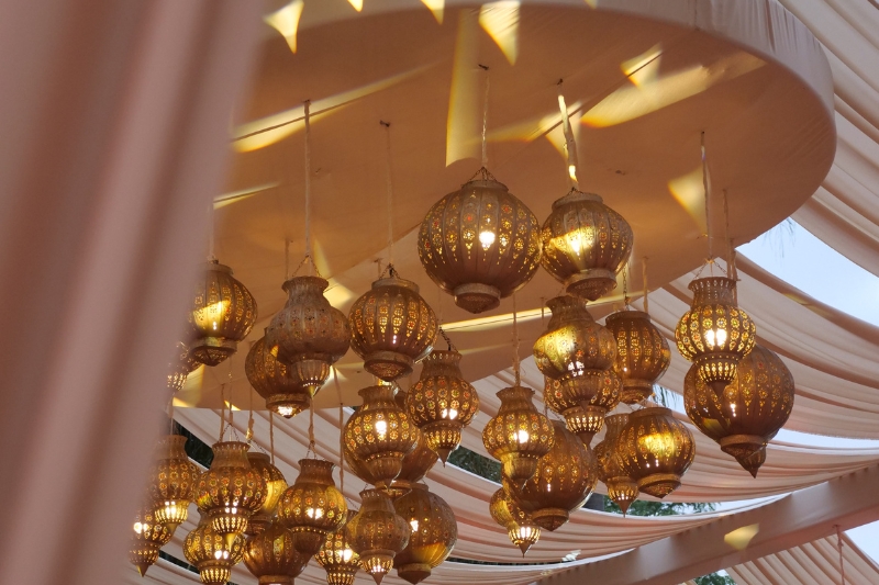 lanterns on ceiling with beige veils