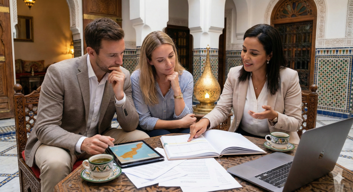couple with a wedding planner discussing in a riad