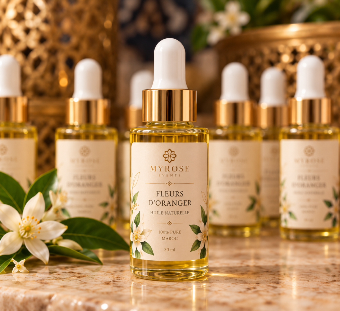 Fleur d’Oranger gift bottle with gold dropper and floral MyRose label